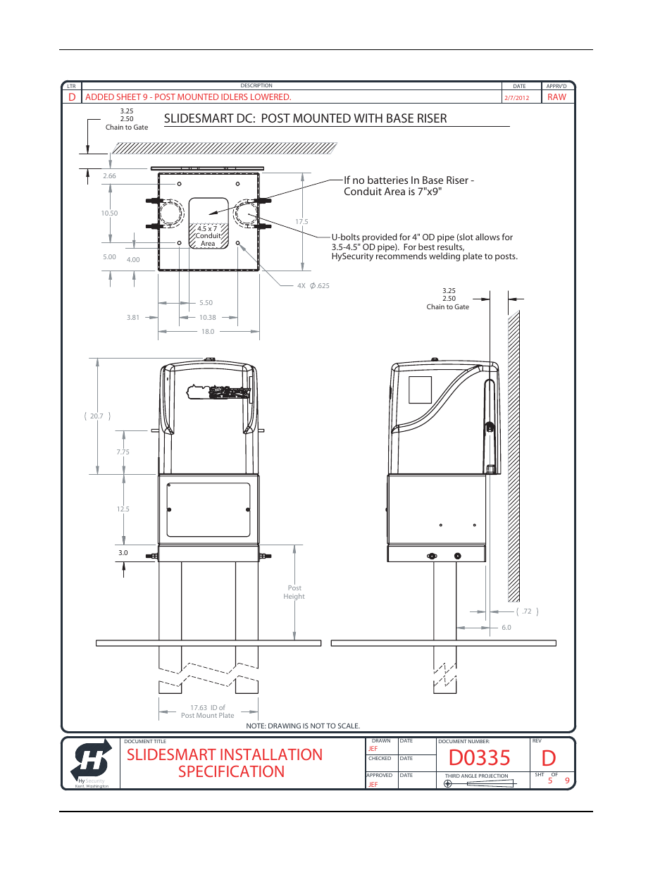 D0335, Slidesmart installation specification, Slidesmart dc: post mounted with base riser | Controlled Products Systems Group SLIDESMART DC 10F User Manual | Page 138 / 148