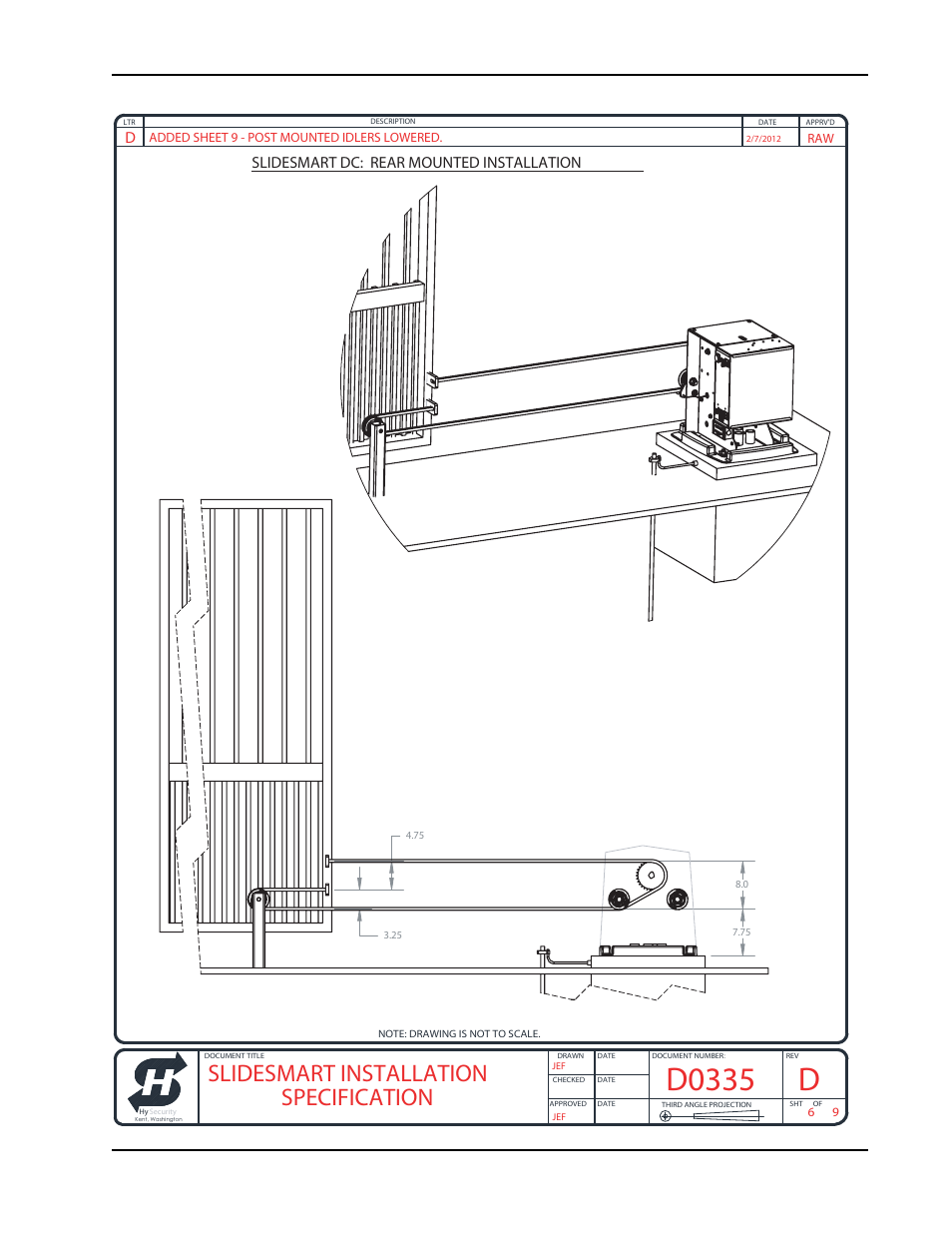 D0335, Slidesmart installation specification, Revision d installation configurations a-7 | Slidesmart dc: rear mounted installation | Controlled Products Systems Group SLIDESMART DC 10F User Manual | Page 139 / 148
