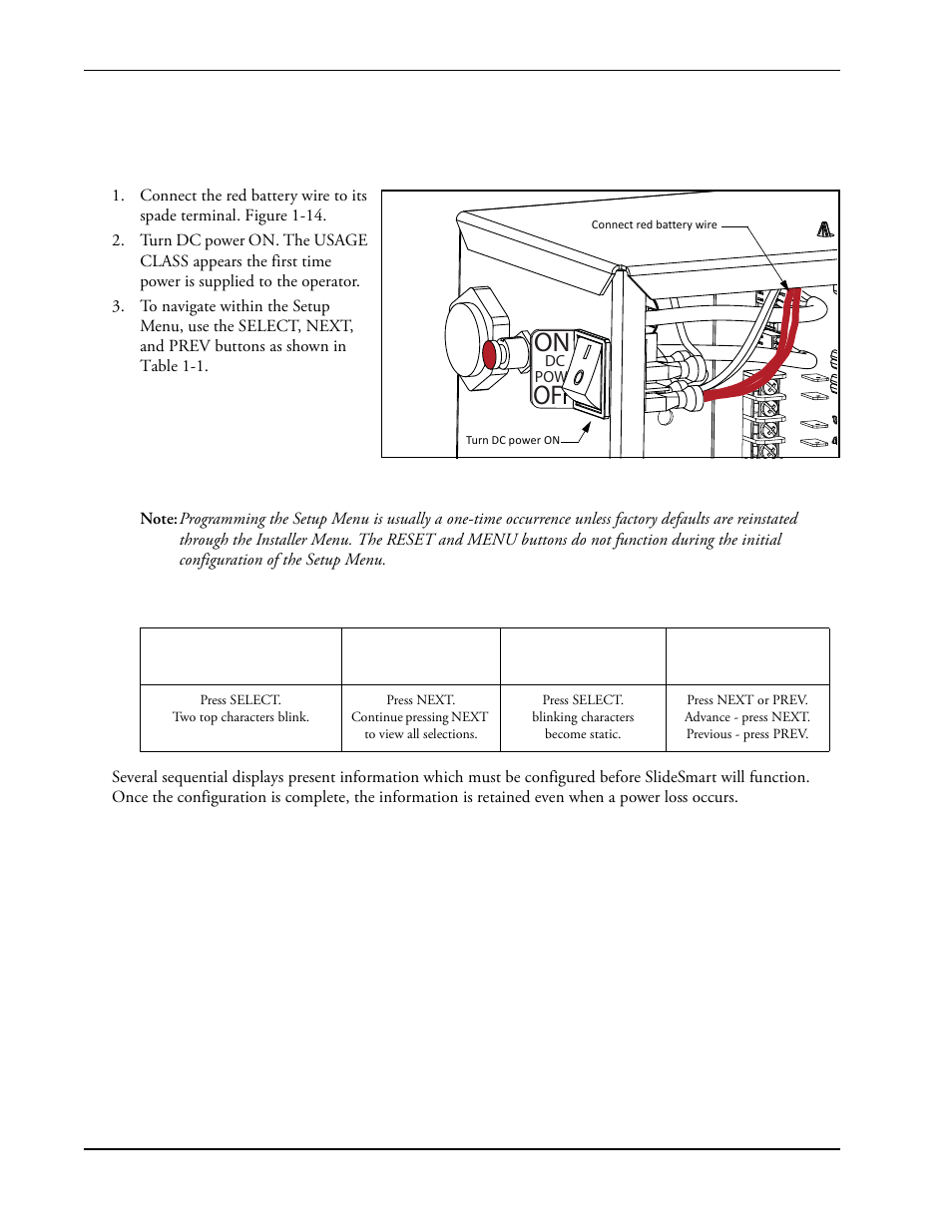 Connecting the battery and turning dc power on -10, Connecting the battery and turning dc power on | Controlled Products Systems Group SLIDESMART DC 10F User Manual | Page 32 / 148