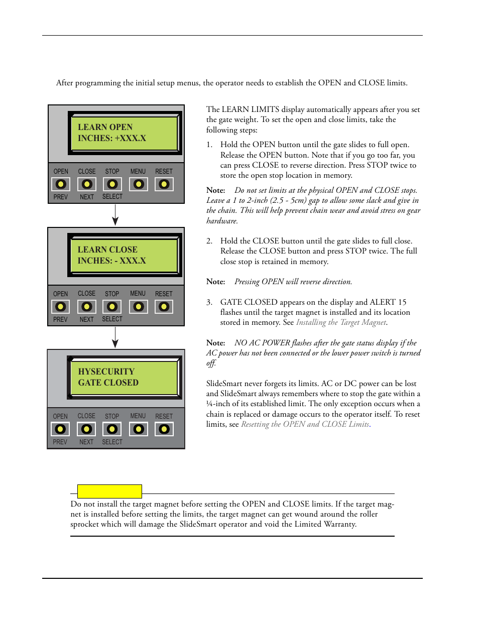 Establishing the open & close limits -12, Establishing the open & close limits | Controlled Products Systems Group SLIDESMART DC 10F User Manual | Page 34 / 148