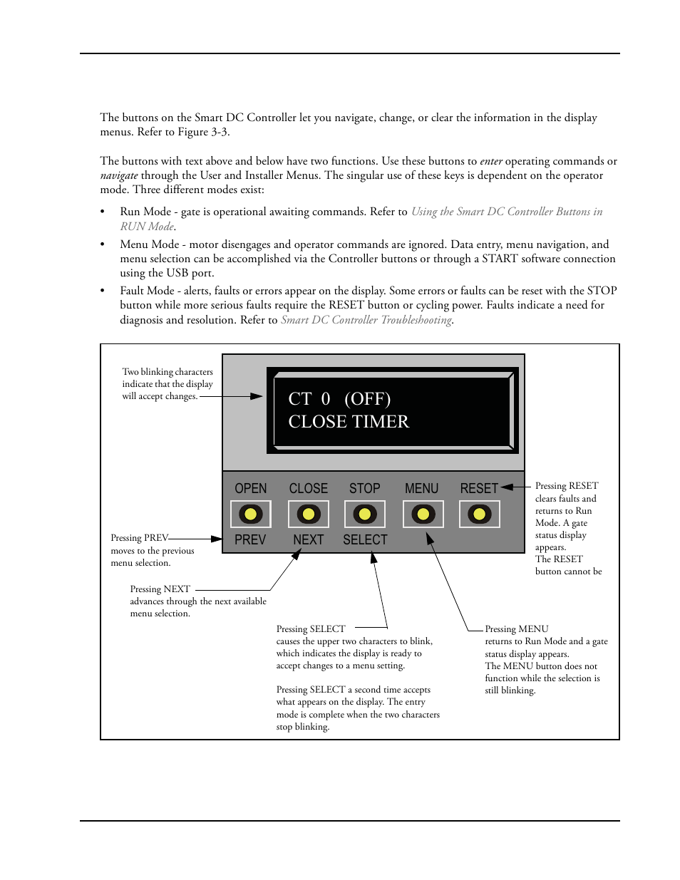 Using the smart dc controller buttons in menu mode, Ct 0 (off) close timer | Controlled Products Systems Group SLIDESMART DC 10F User Manual | Page 55 / 148