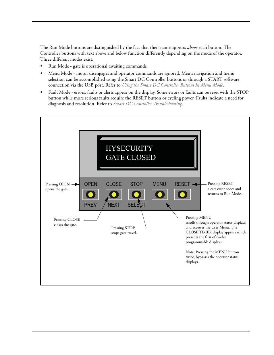 Using the smart dc controller buttons in, Run mode, Using the smart dc controller buttons in run mode | Hysecurity gate closed | Controlled Products Systems Group SLIDESMART DC 10F User Manual | Page 57 / 148