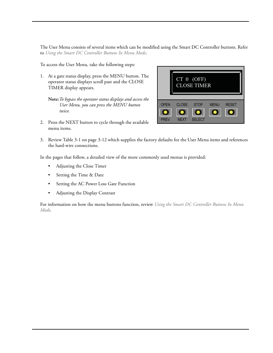 User menu | Controlled Products Systems Group SLIDESMART DC 10F User Manual | Page 59 / 148