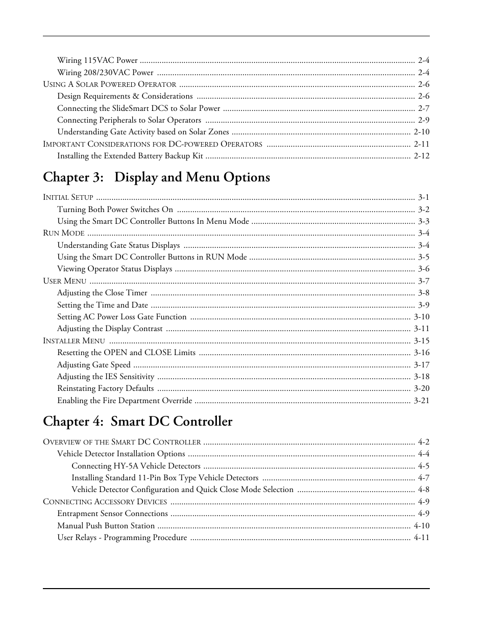 Chapter 3: display and menu options, Chapter 4: smart dc controller | Controlled Products Systems Group SLIDESMART DC 10F User Manual | Page 6 / 148