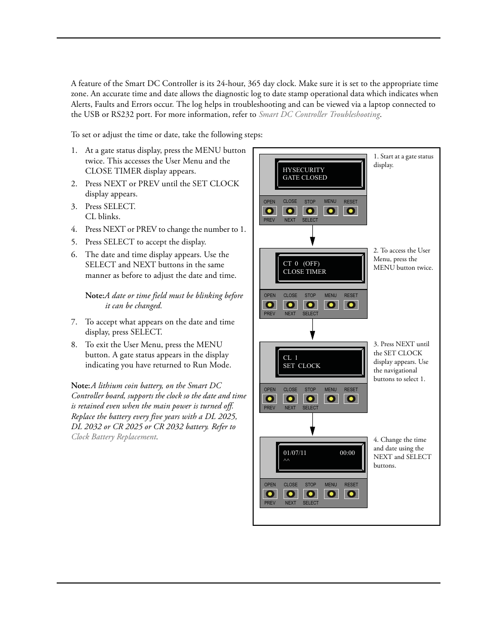 Setting the time and date -9, Setting the time and date, User menu revision d display and menu options 3-9 | Controlled Products Systems Group SLIDESMART DC 10F User Manual | Page 61 / 148