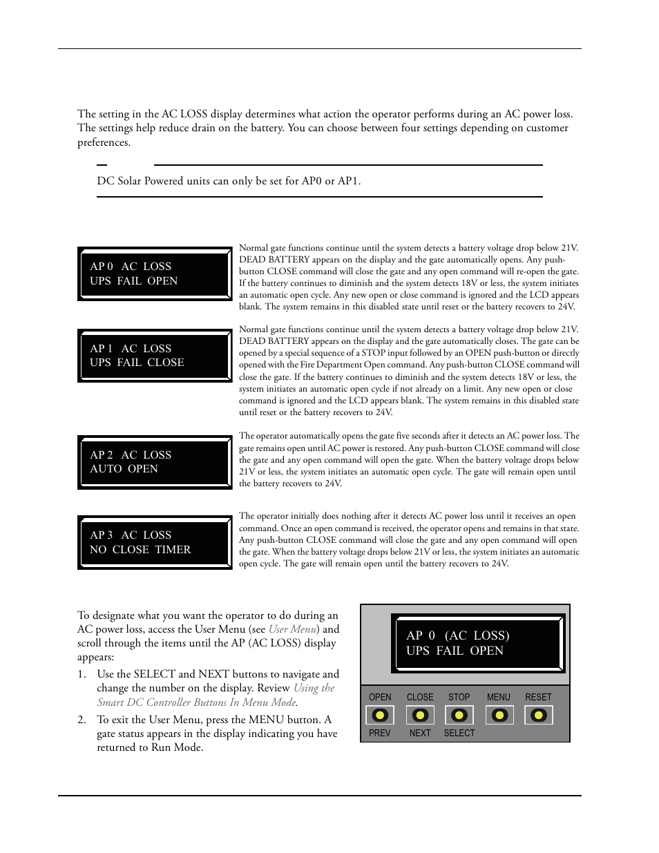 Setting ac power loss gate function -10, Setting ac power loss gate function | Controlled Products Systems Group SLIDESMART DC 10F User Manual | Page 62 / 148