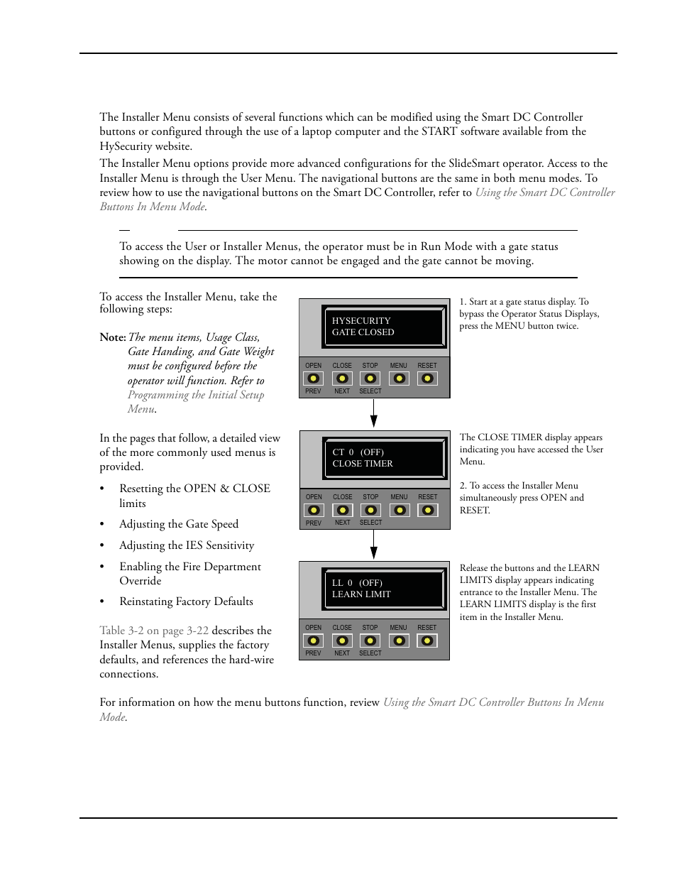 Nstaller, Installer, Menu | Controlled Products Systems Group SLIDESMART DC 10F User Manual | Page 67 / 148