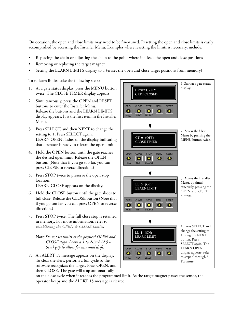 Resetting the open and close limits -16, Resetting the open and close limits | Controlled Products Systems Group SLIDESMART DC 10F User Manual | Page 68 / 148