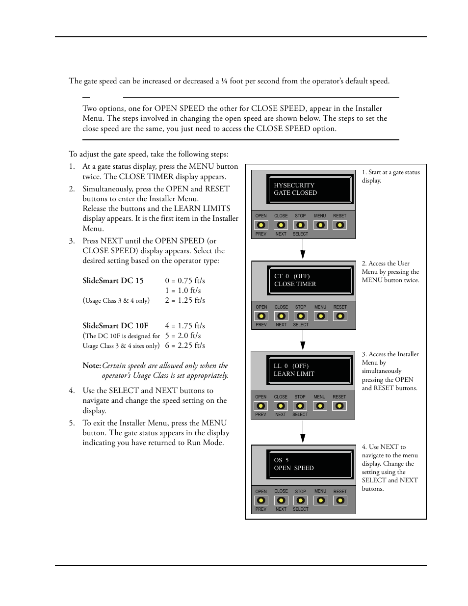 Adjusting gate speed -17, Adjusting gate speed, 5 = 2.0 ft/s | Controlled Products Systems Group SLIDESMART DC 10F User Manual | Page 69 / 148