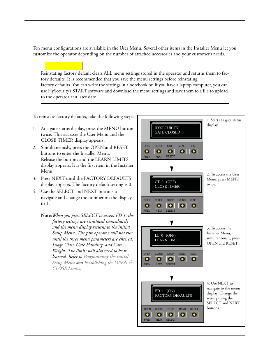 Reinstating factory defaults -20, Reinstating factory defaults, Caution | Controlled Products Systems Group SLIDESMART DC 10F User Manual | Page 72 / 148