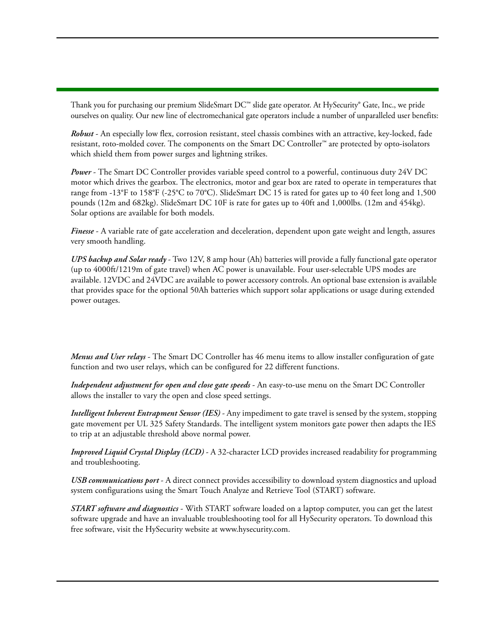 Introducing slidesmart dc, Ntelligent, Eatures | Mart, Dc c, Ontroller | Controlled Products Systems Group SLIDESMART DC 10F User Manual | Page 9 / 148