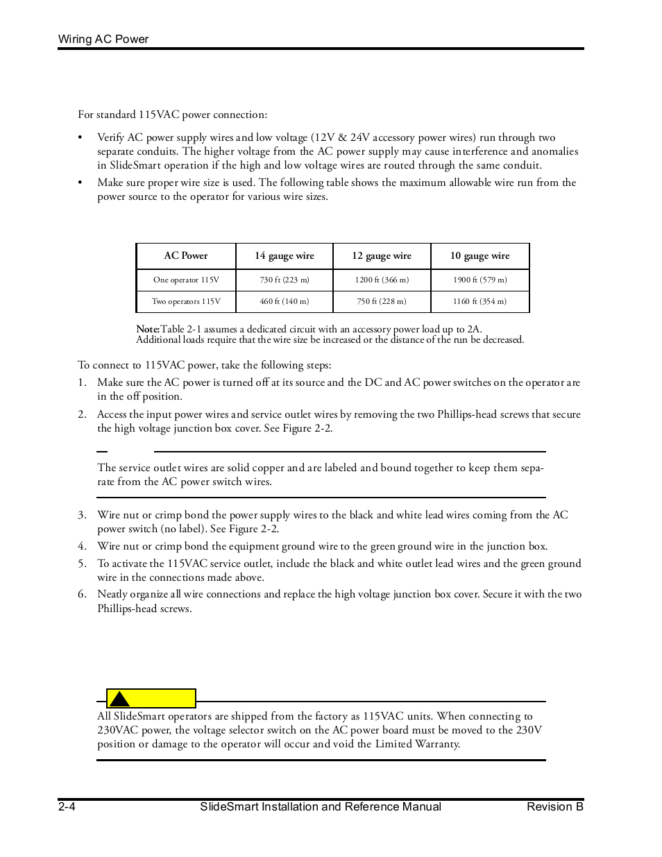 Wiring 115vac power, Wiring 230vac power | Controlled Products Systems Group SLIDESMART DCS 10F User Manual | Page 42 / 142