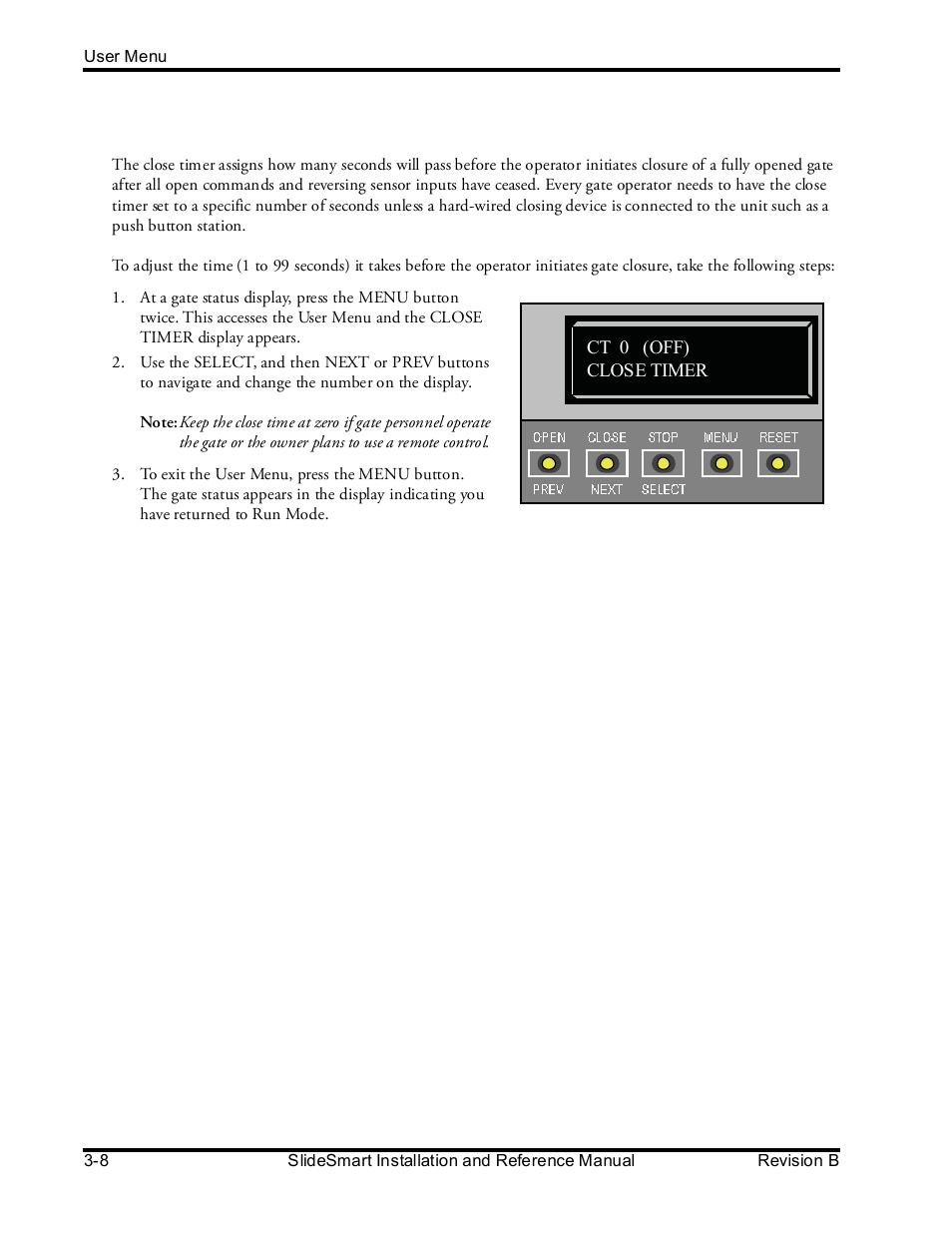 Adjusting the close timer | Controlled Products Systems Group SLIDESMART DCS 10F User Manual | Page 60 / 142