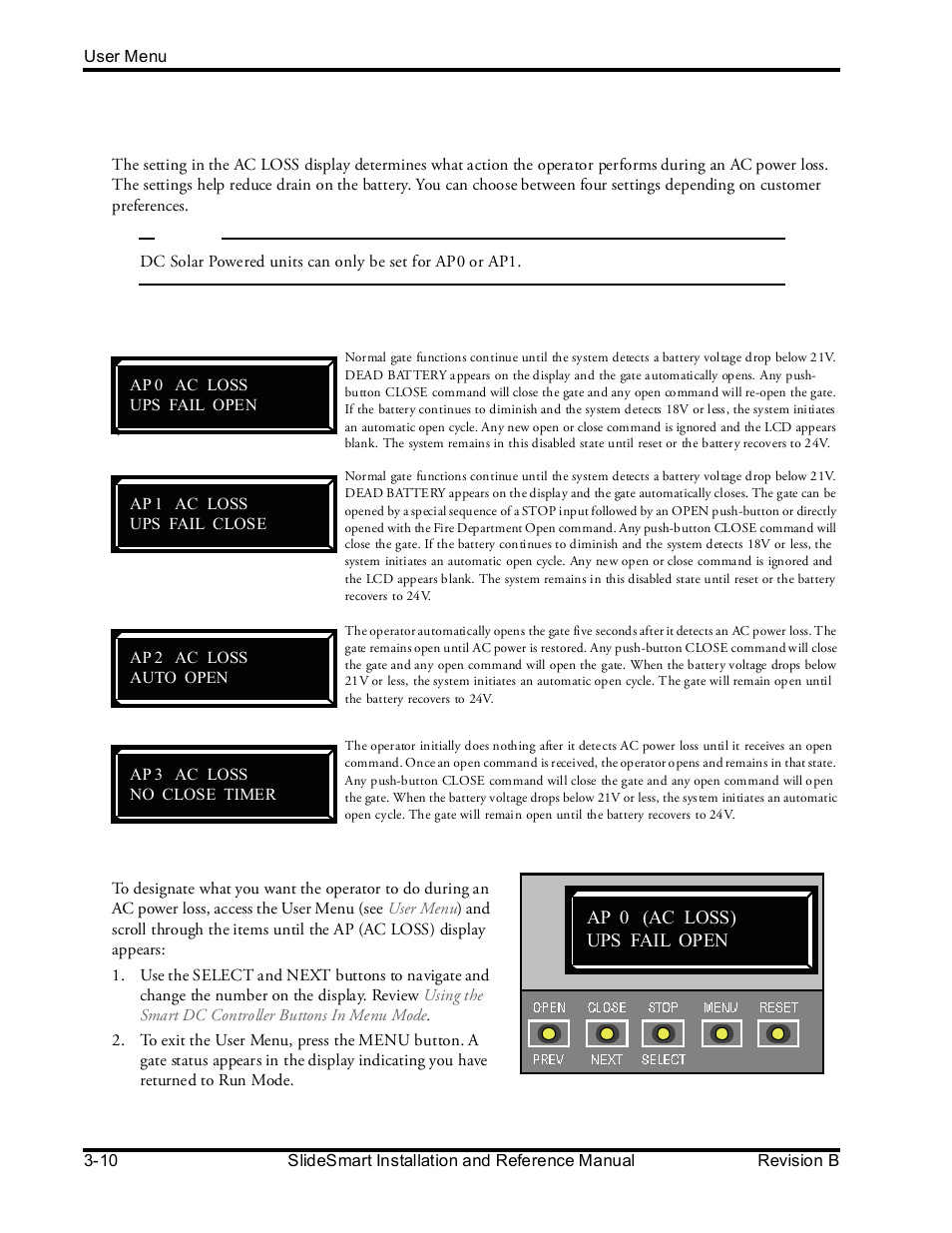 Setting ac power loss gate function | Controlled Products Systems Group SLIDESMART DCS 10F User Manual | Page 62 / 142