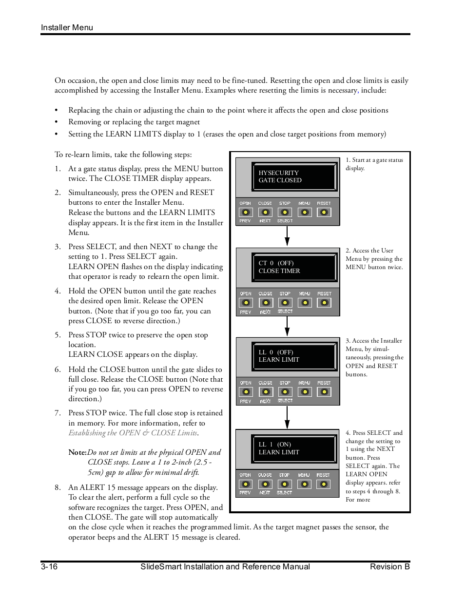 Resetting the open and close limits | Controlled Products Systems Group SLIDESMART DCS 10F User Manual | Page 68 / 142
