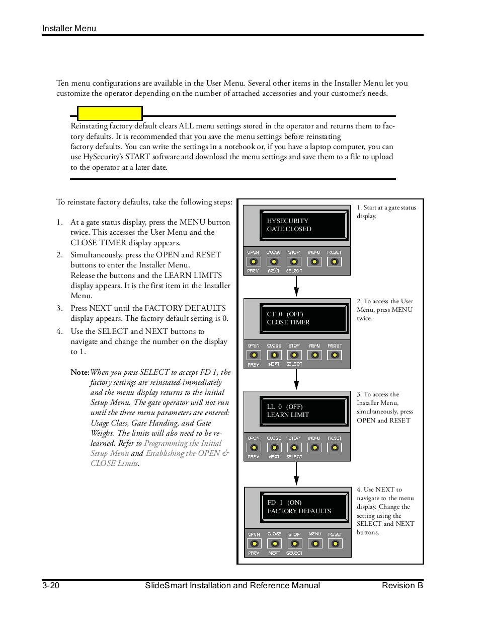 Reinstating factory defaults | Controlled Products Systems Group SLIDESMART DCS 10F User Manual | Page 72 / 142