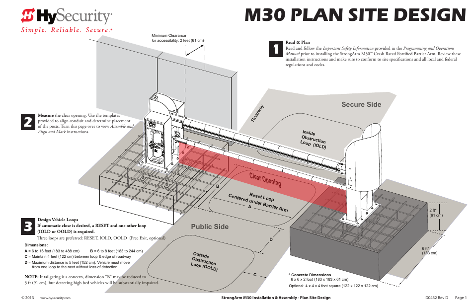 M30 assembly_pg1_revd, M30 plan site design, Clear opening | Secure side public side | Controlled Products Systems Group STRONGARM M30 User Manual | Page 3 / 12