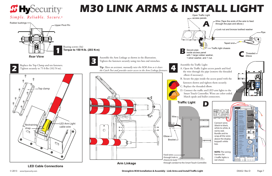 M30 assembly_pg7_revd, M30 link arms & install light, Ab c | Led cable connections arm linkage, Traffic light, Rear view, Page 7, Wire bracket, Elbow, Upper pivot pin rubber bushings | Controlled Products Systems Group STRONGARM M30 User Manual | Page 9 / 12