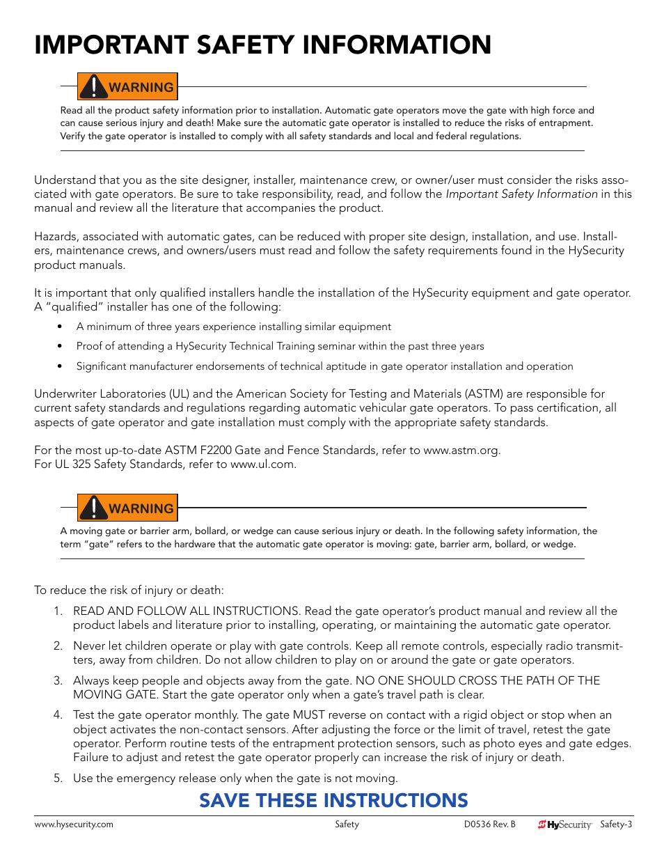 Important safety information, Save these instructions | Controlled Products Systems Group STRONGARMPARK DC 10 User Manual | Page 13 / 78