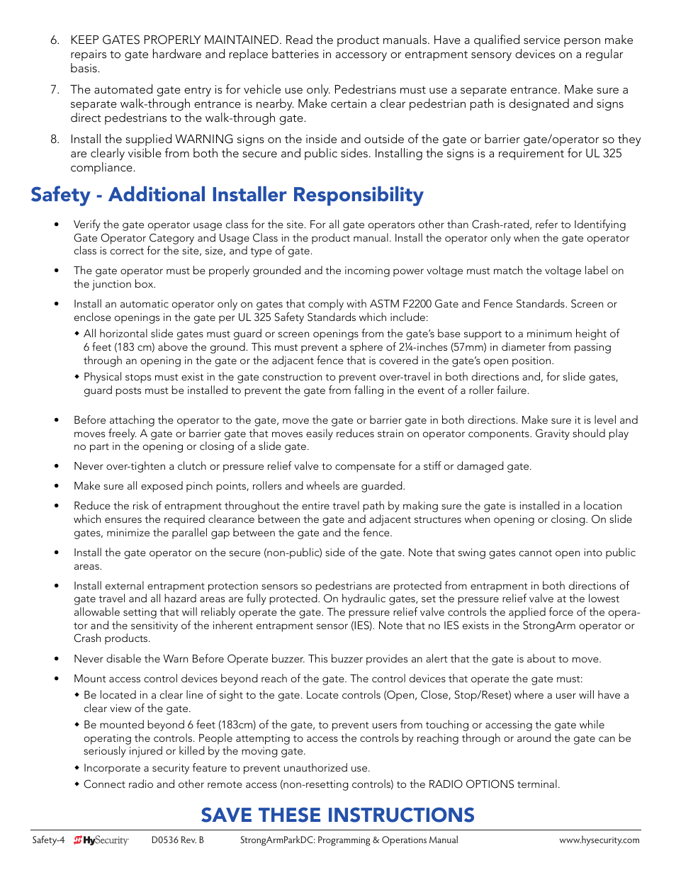 Safety - additional installer responsibility, Save these instructions | Controlled Products Systems Group STRONGARMPARK DC 10 User Manual | Page 14 / 78