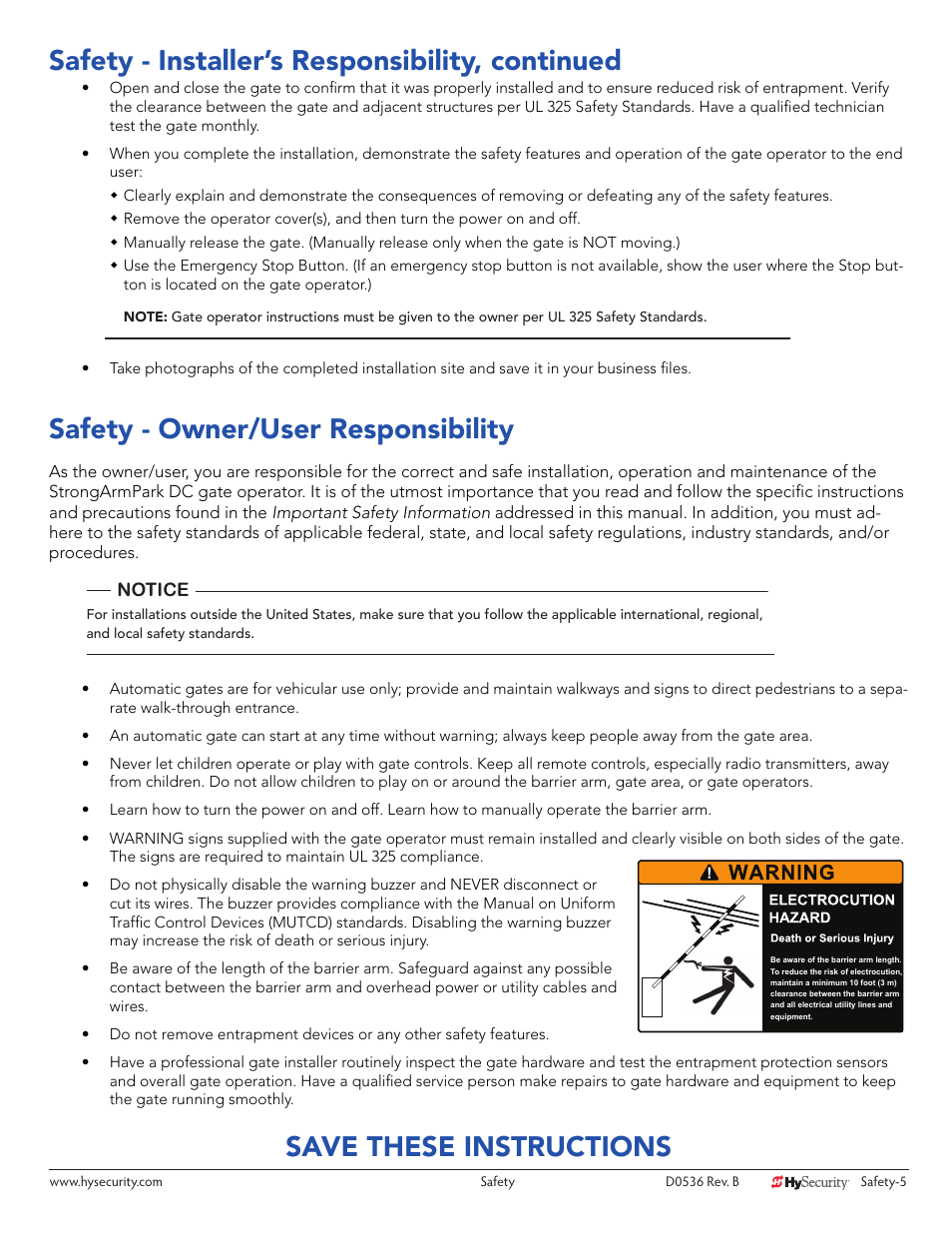 Safety - installer’s responsibility, continued, Safety - owner/user responsibility, Save these instructions | Controlled Products Systems Group STRONGARMPARK DC 10 User Manual | Page 15 / 78