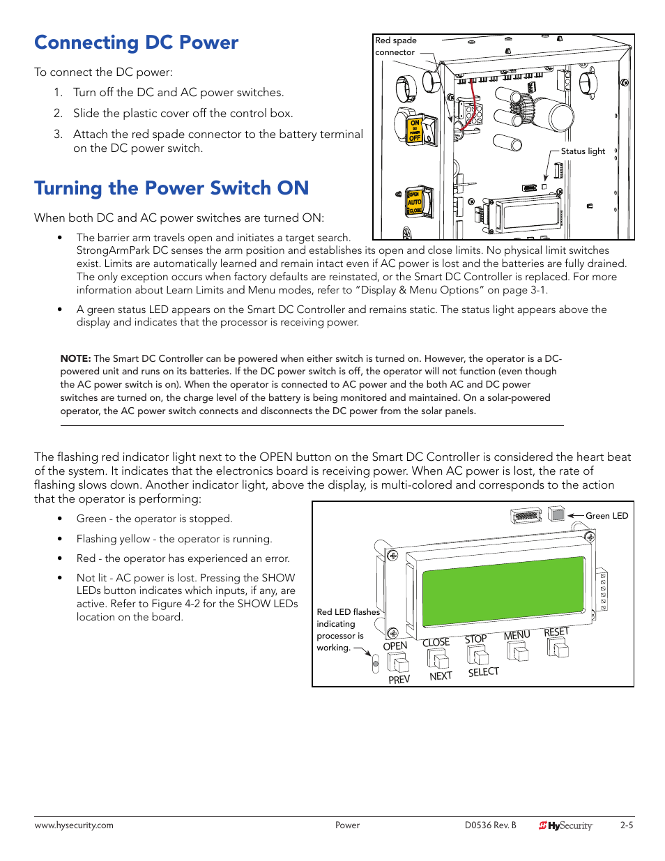 Connecting dc power, Turning the power switch on | Controlled Products Systems Group STRONGARMPARK DC 10 User Manual | Page 25 / 78