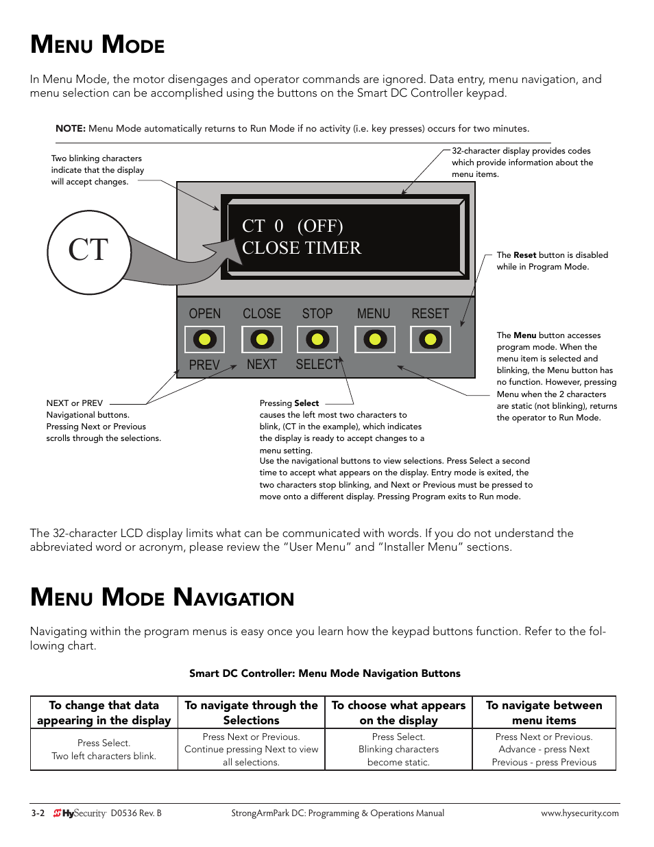 Avigation, Ct 0 (off) close timer | Controlled Products Systems Group STRONGARMPARK DC 10 User Manual | Page 28 / 78