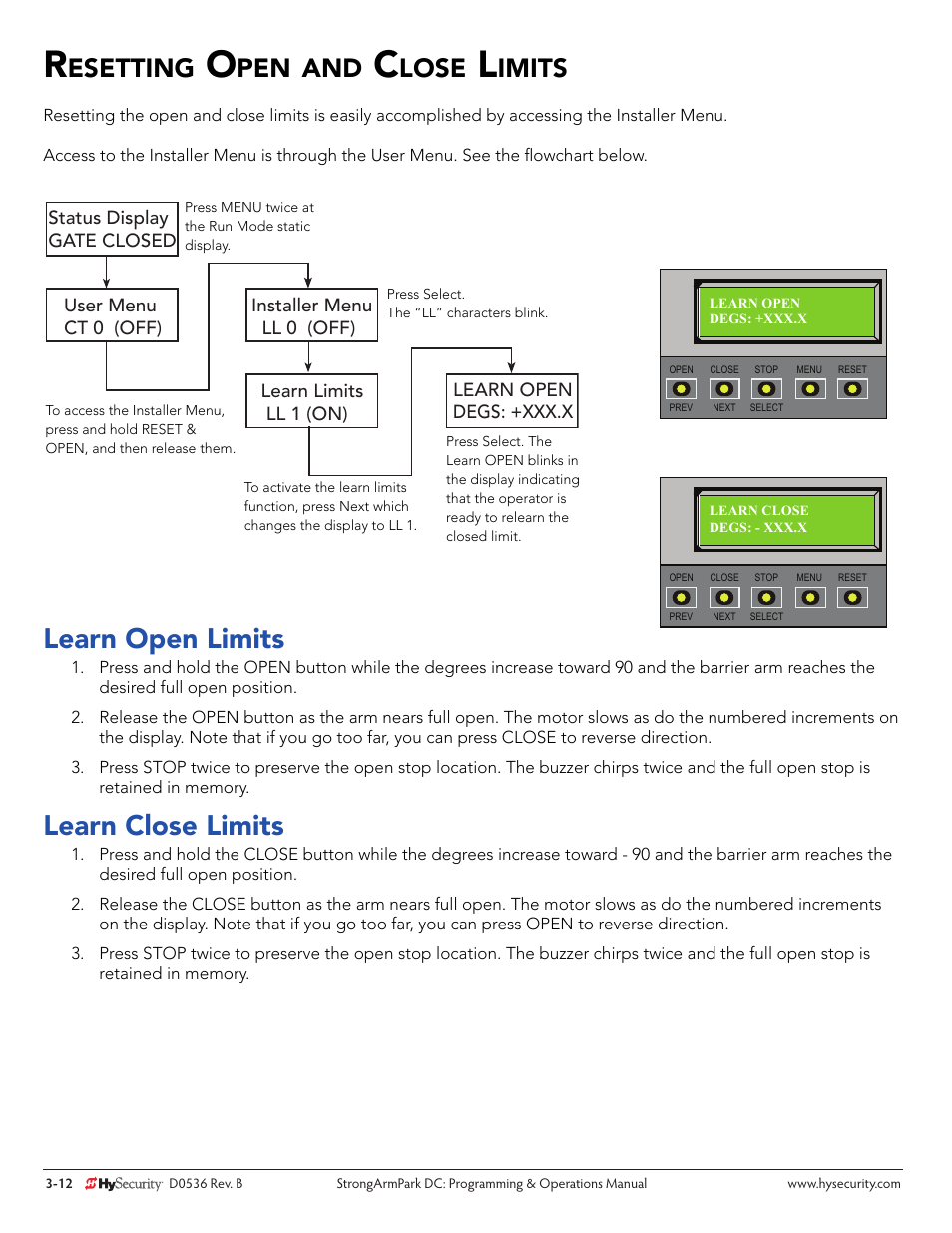 Learn open limits, Learn close limits, Esetting | Lose, Imits | Controlled Products Systems Group STRONGARMPARK DC 10 User Manual | Page 38 / 78
