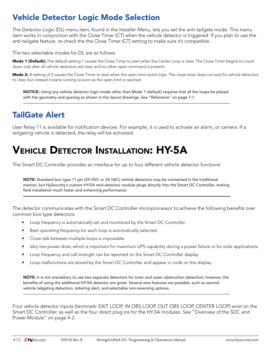 Hy-5a, Vehicle detector logic mode selection, Tailgate alert | Ehicle, Etector, Nstallation | Controlled Products Systems Group STRONGARMPARK DC 10 User Manual | Page 52 / 78