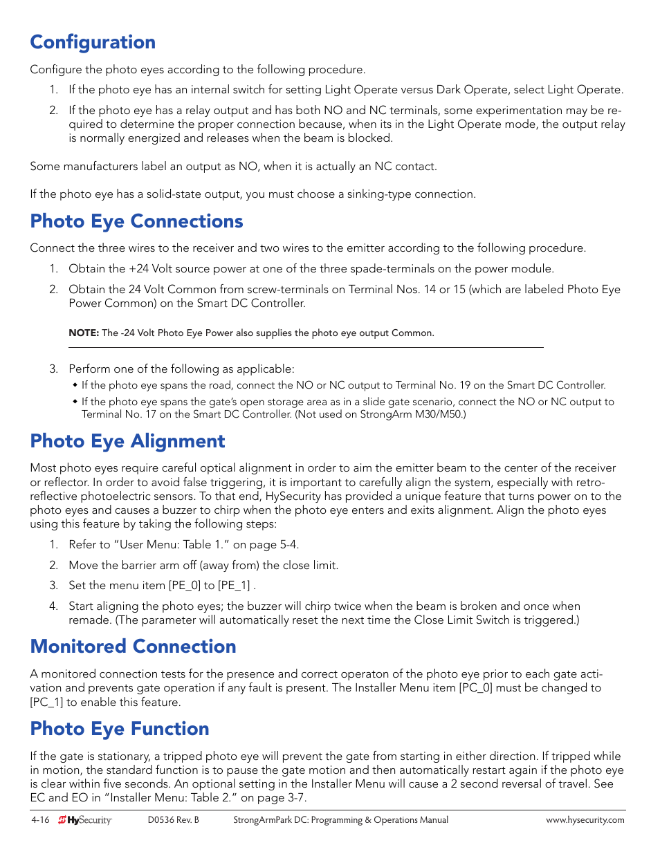 Configuration, Photo eye connections, Photo eye alignment | Monitored connection, Photo eye function | Controlled Products Systems Group STRONGARMPARK DC 10 User Manual | Page 56 / 78