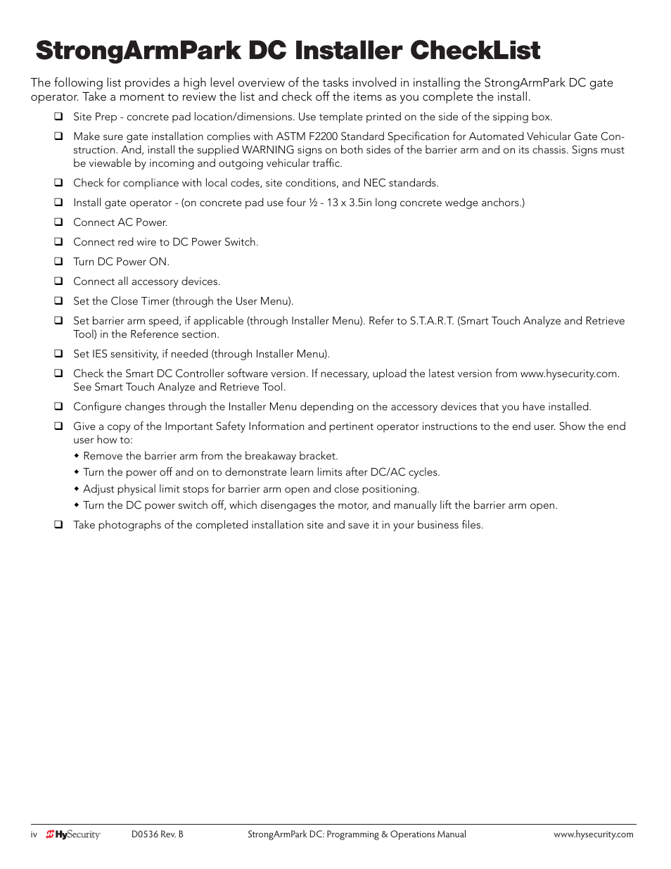 Strongarmpark dc installer checklist | Controlled Products Systems Group STRONGARMPARK DC 10 User Manual | Page 6 / 78