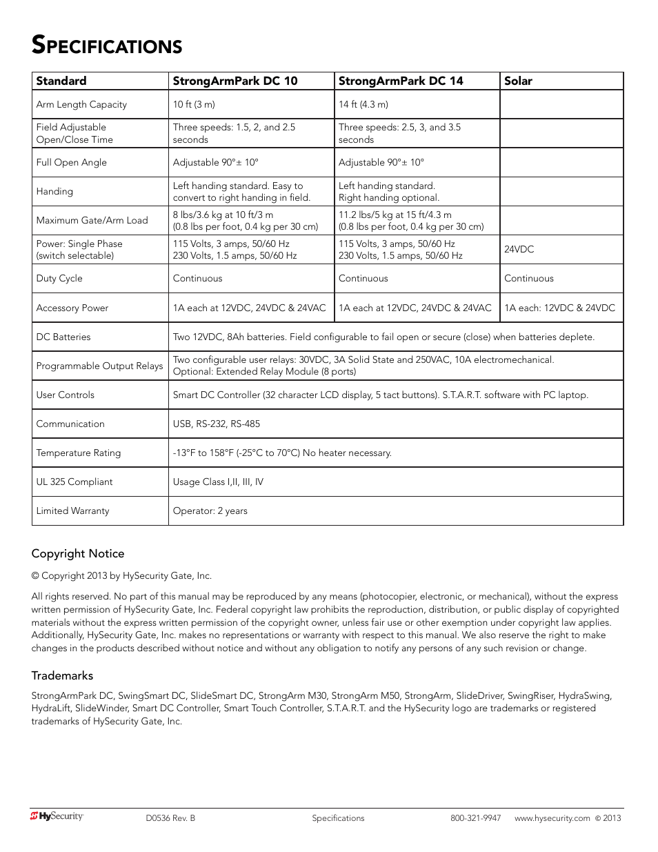 Pecifications | Controlled Products Systems Group STRONGARMPARK DC 10 User Manual | Page 78 / 78