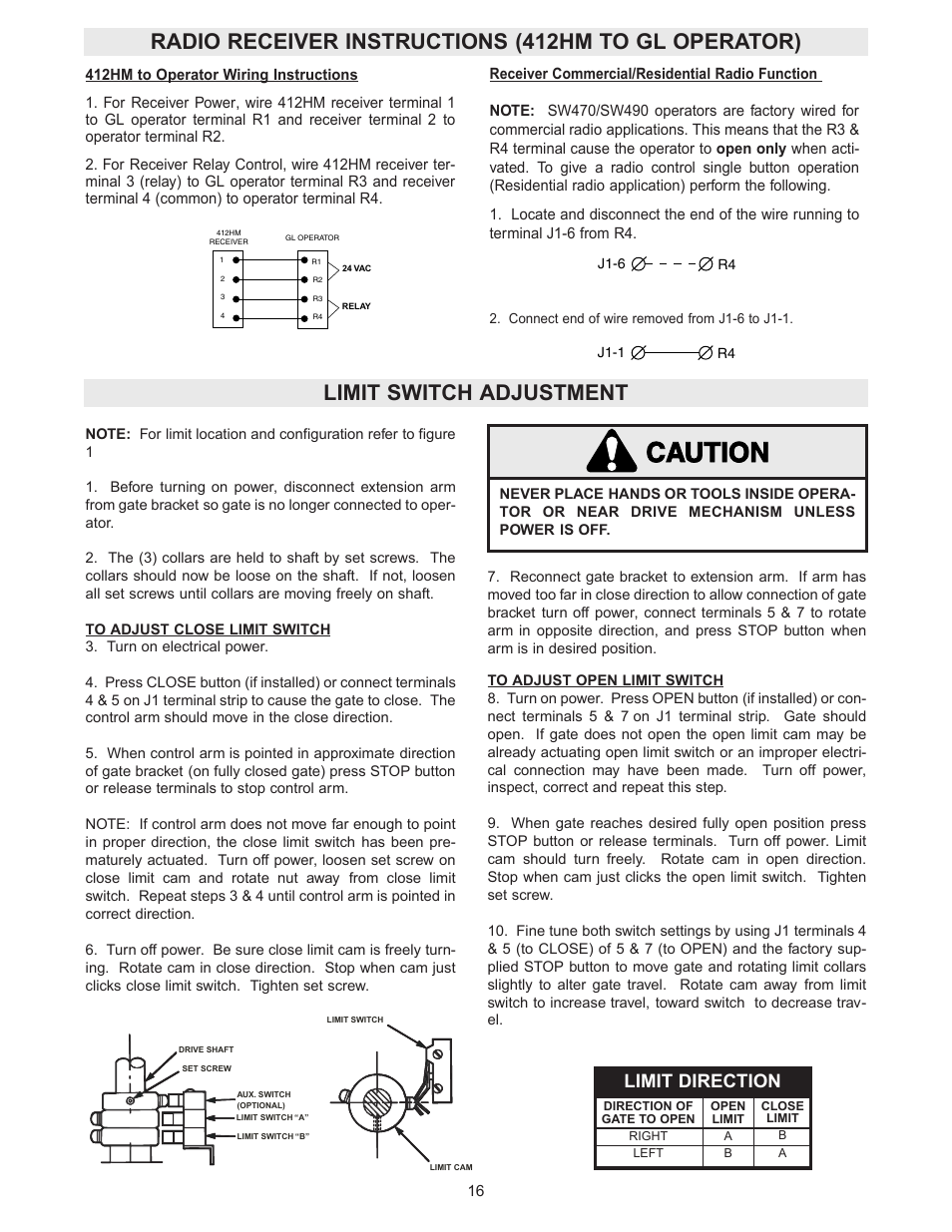 Radio receiver instructions (412hm to gl operator), Limit switch adjustment, Caution | Limit direction | Controlled Products Systems Group SW4705011G3 User Manual | Page 16 / 36