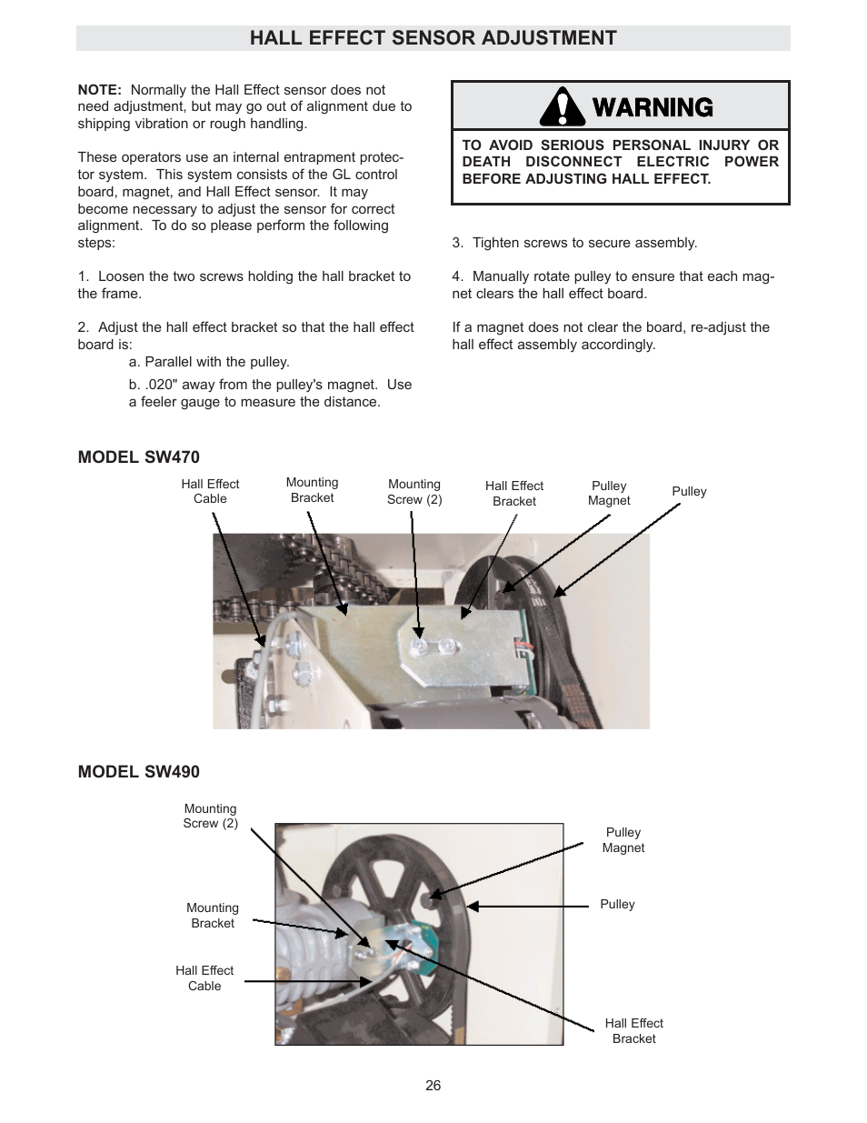 Hall effect sensor adjustment, Warning caution warning warning | Controlled Products Systems Group SW4705011G3 User Manual | Page 26 / 36