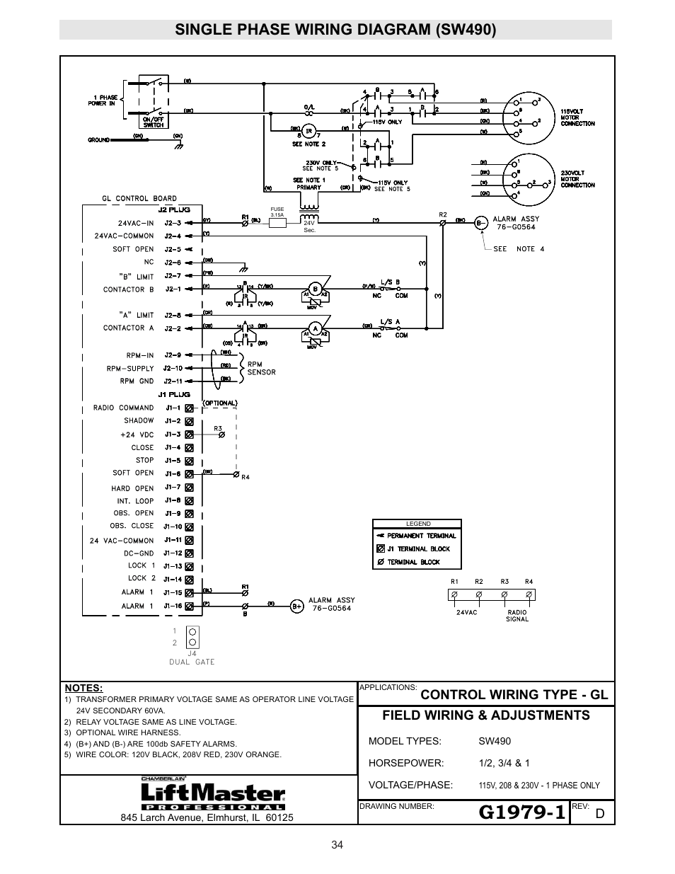 Single phase wiring diagram (sw490), R wiring diag r a m | Controlled Products Systems Group SW4705011G3 User Manual | Page 34 / 36