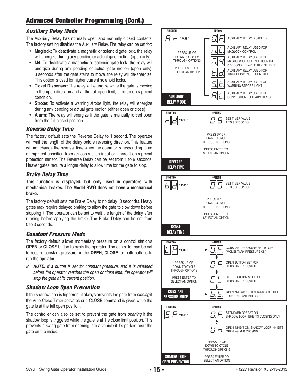 Advanced controller programming (cont.), Auxiliary relay mode, Reverse delay time | Brake delay time, Constant pressure mode, Shadow loop open prevention | Controlled Products Systems Group SWG-111 User Manual | Page 17 / 34
