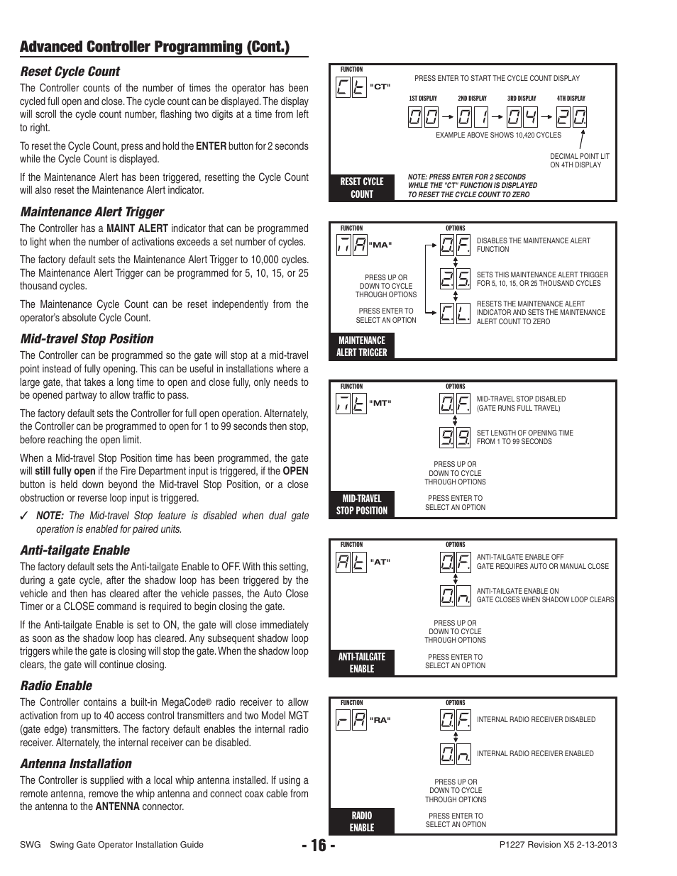 Advanced controller programming (cont.), Reset cycle count, Maintenance alert trigger | Mid-travel stop position, Anti-tailgate enable, Radio enable, Antenna installation | Controlled Products Systems Group SWG-111 User Manual | Page 18 / 34
