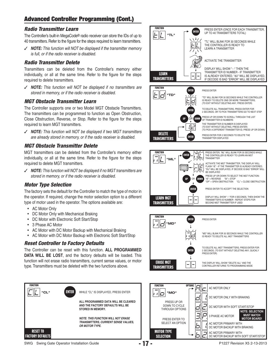 Advanced controller programming (cont.), Radio transmitter learn, Radio transmitter delete | Mgt obstacle transmitter learn, Mgt obstacle transmitter delete, Motor type selection, Reset controller to factory defaults, Erase mgt transmitters, Delete transmitters, Learn mgt transmitters | Controlled Products Systems Group SWG-111 User Manual | Page 19 / 34
