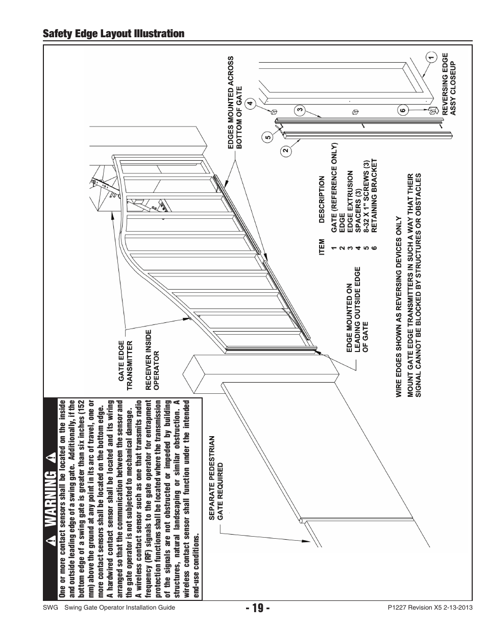 Warning, Safety edge layout illustration | Controlled Products Systems Group SWG-111 User Manual | Page 21 / 34