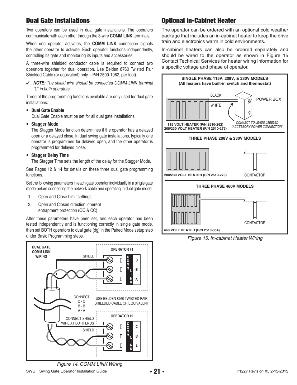 Dual gate installations, Optional in-cabinet heater | Controlled Products Systems Group SWG-111 User Manual | Page 23 / 34