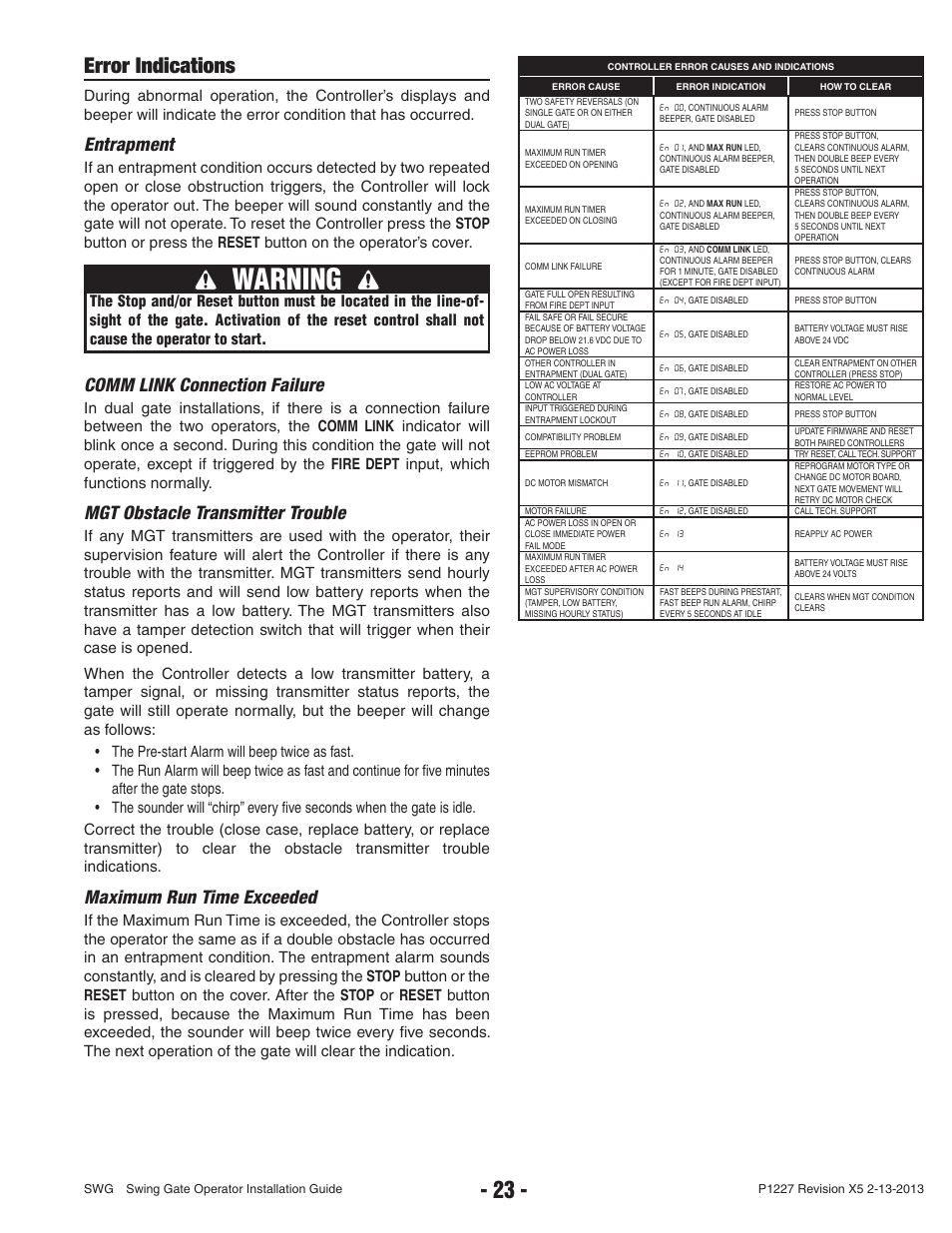 Warning, Error indications, Entrapment | Comm link connection failure, Mgt obstacle transmitter trouble, Maximum run time exceeded | Controlled Products Systems Group SWG-111 User Manual | Page 25 / 34