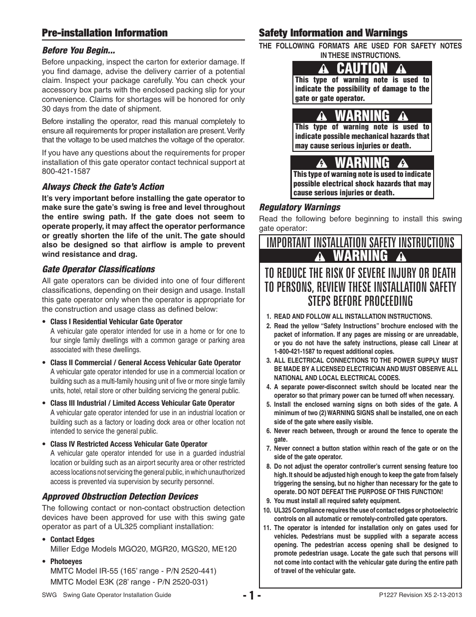 Warning, Caution, Pre-installation information | Safety information and warnings | Controlled Products Systems Group SWG-111 User Manual | Page 3 / 34