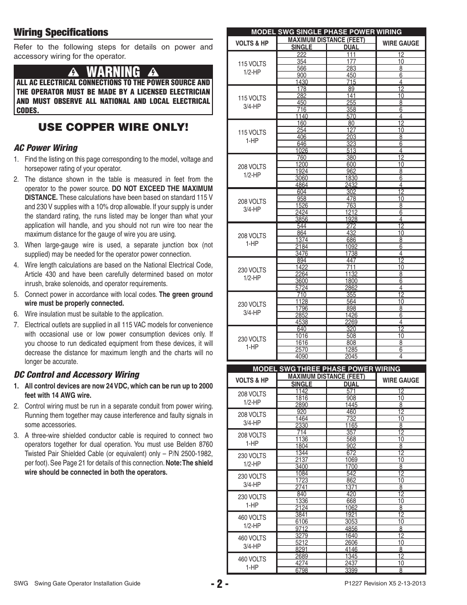 Warning, Wiring specifi cations, Use copper wire only | Ac power wiring, Dc control and accessory wiring | Controlled Products Systems Group SWG-111 User Manual | Page 4 / 34