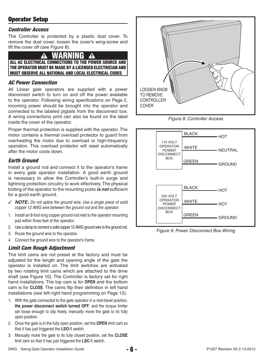 Warning, Operator setup | Controlled Products Systems Group SWG-111 User Manual | Page 8 / 34