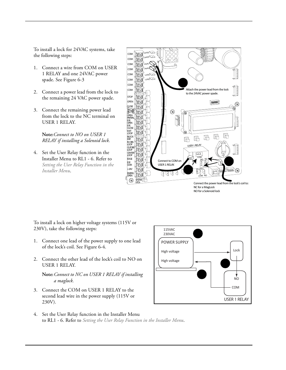 Installing a lock on 24vac systems, Installing a lock for high voltage systems, Figure 6-3 | Figure 6-4 | Controlled Products Systems Group SWINGSMART DC 20 User Manual | Page 102 / 136