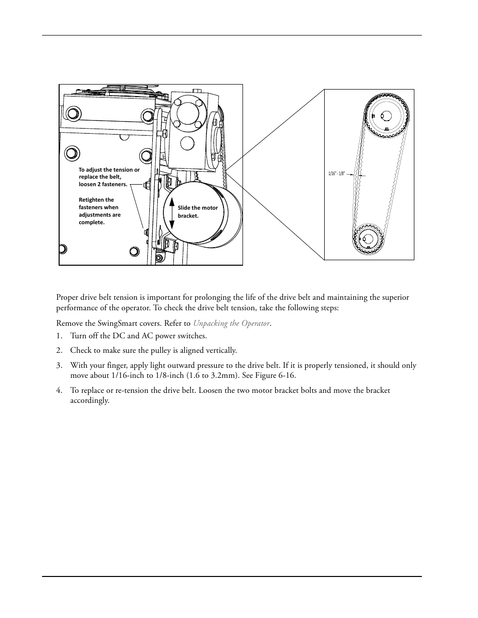 Drive belt tension and alignment -30, Drive belt tension and alignment | Controlled Products Systems Group SWINGSMART DC 20 User Manual | Page 128 / 136