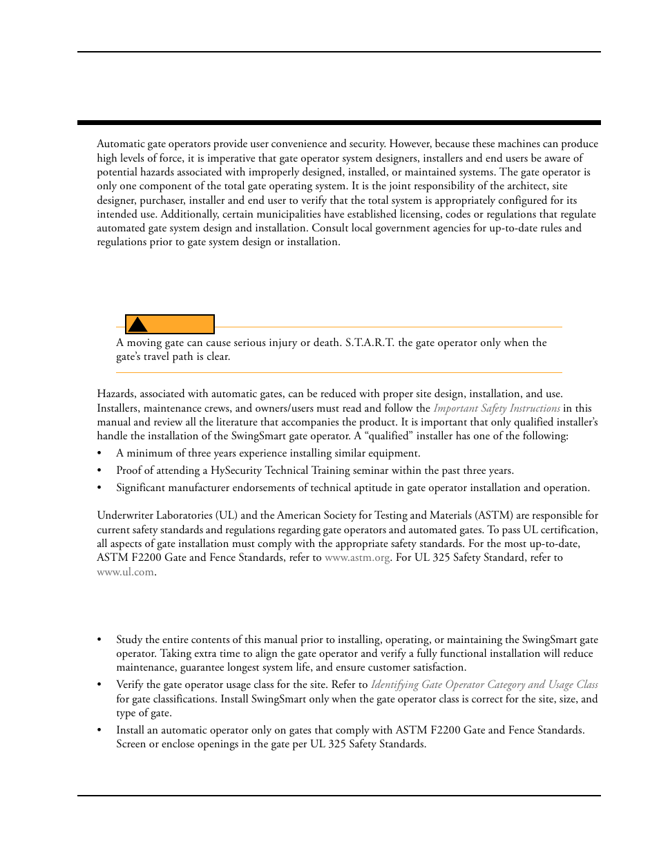 Safety requirements, Mportant, Afety | Nstructions, Safety standards - installer's responsibility | Controlled Products Systems Group SWINGSMART DC 20 User Manual | Page 13 / 136