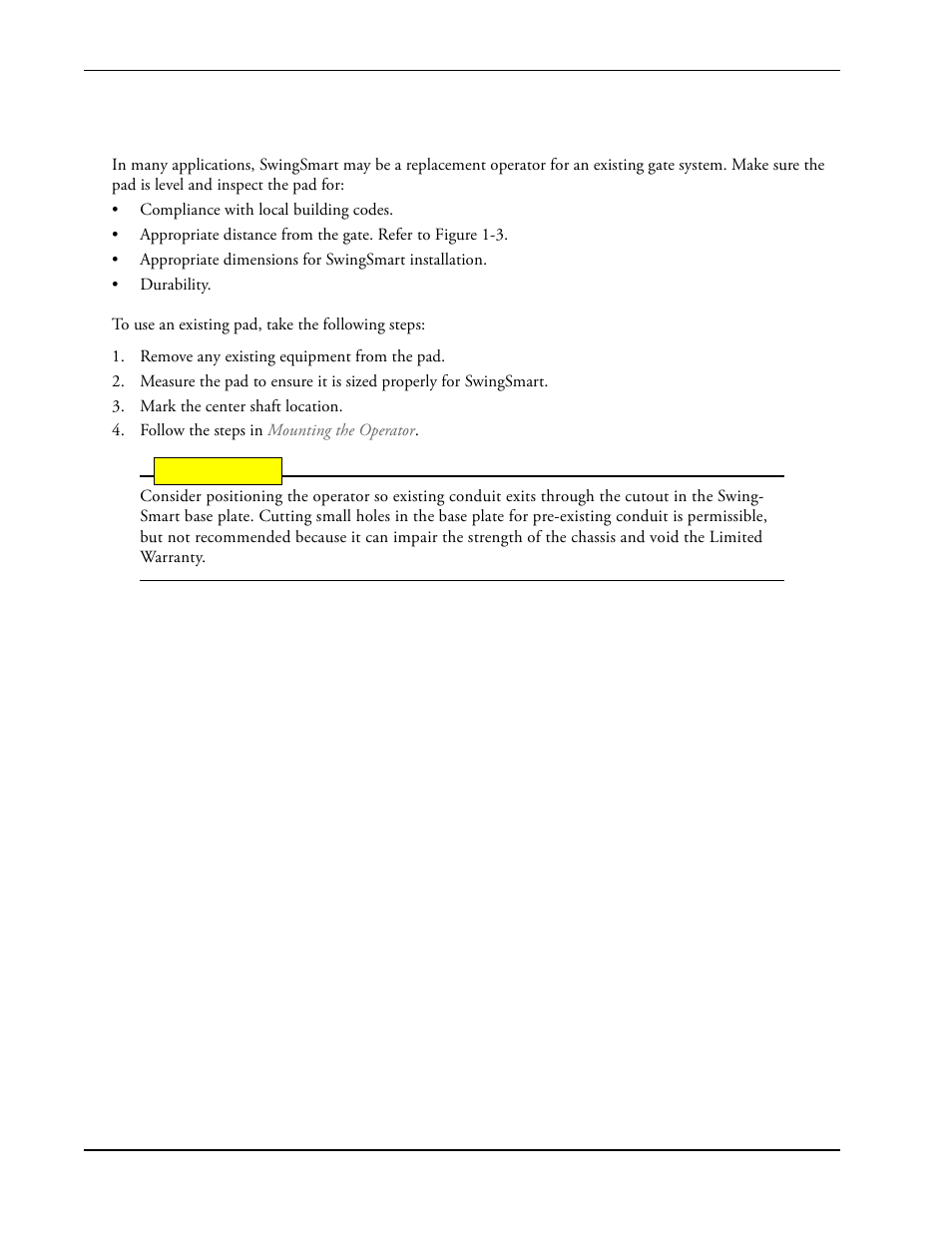 Using an existing pad -4, Using an existing pad | Controlled Products Systems Group SWINGSMART DC 20 User Manual | Page 26 / 136