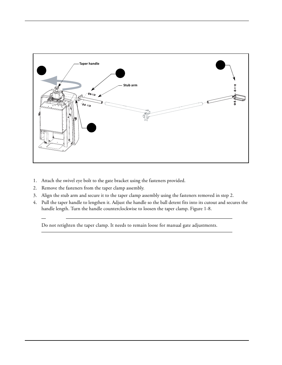 Attaching the stub arms -8, Attaching the stub arms | Controlled Products Systems Group SWINGSMART DC 20 User Manual | Page 30 / 136