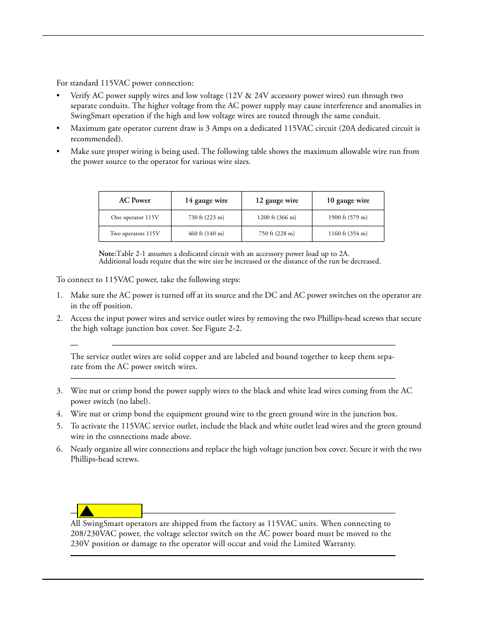 Wiring 115vac power -4 wiring 208/230vac power -4, Wiring 115vac power, Wiring 208 | 230vac power | Controlled Products Systems Group SWINGSMART DC 20 User Manual | Page 42 / 136